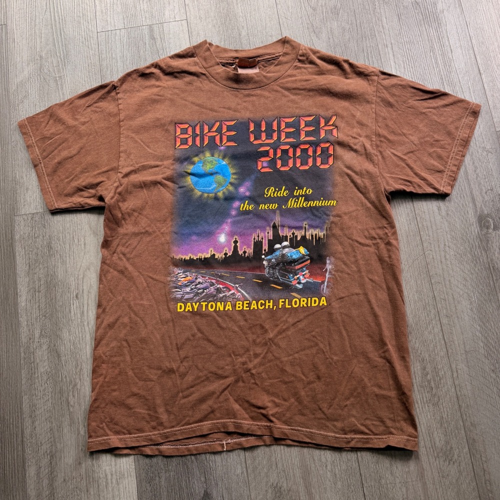 Vintage 2000 Daytona Bike Week T-Shirt Mens L Brown Motorcycle Graphic Tee